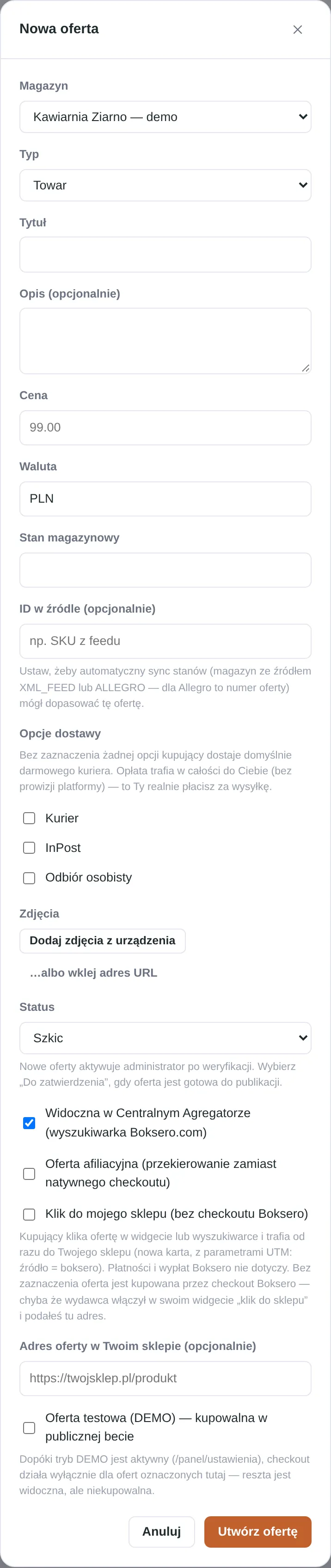 Formularz nowej oferty — podstawowe pola