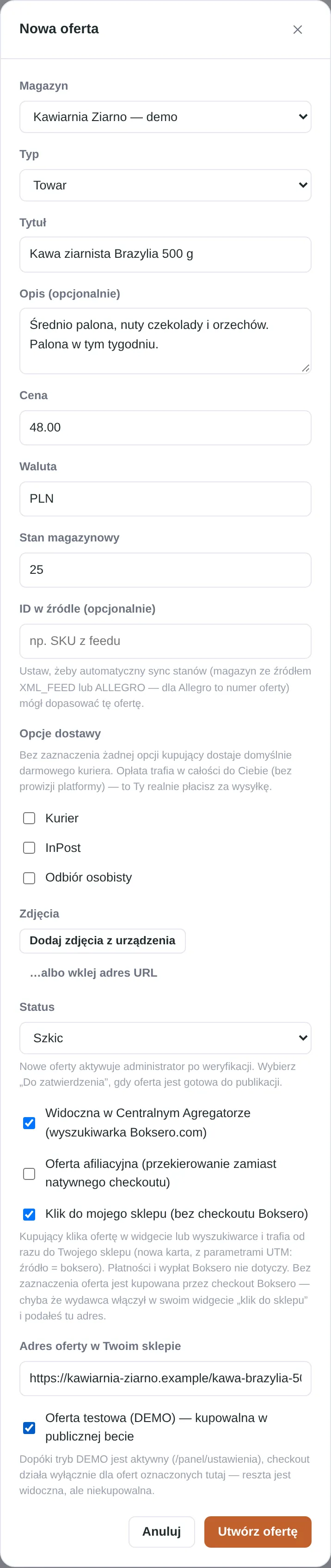 Włączanie trybu "Klik do mojego sklepu" i podanie adresu oferty