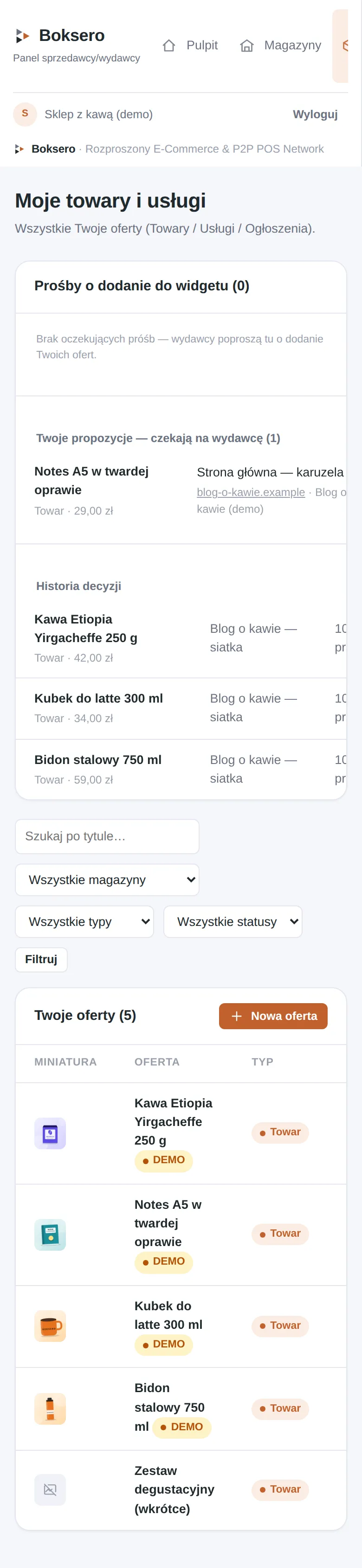 Lista ofert sprzedawcy z miniaturami i statusem