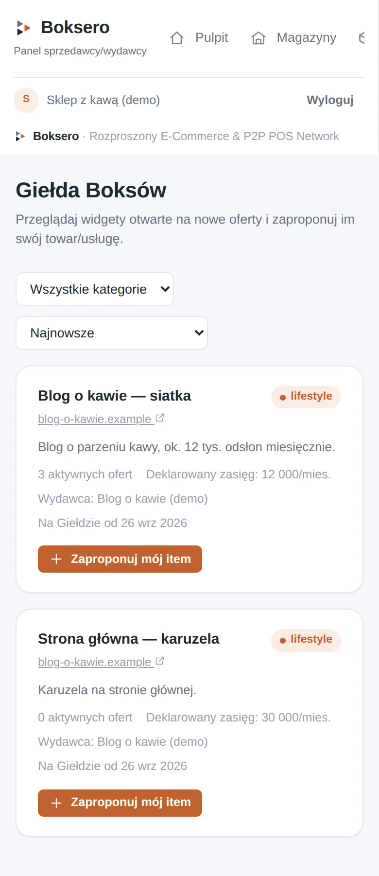 Giełda Boksów — lista dostępnych widgetów