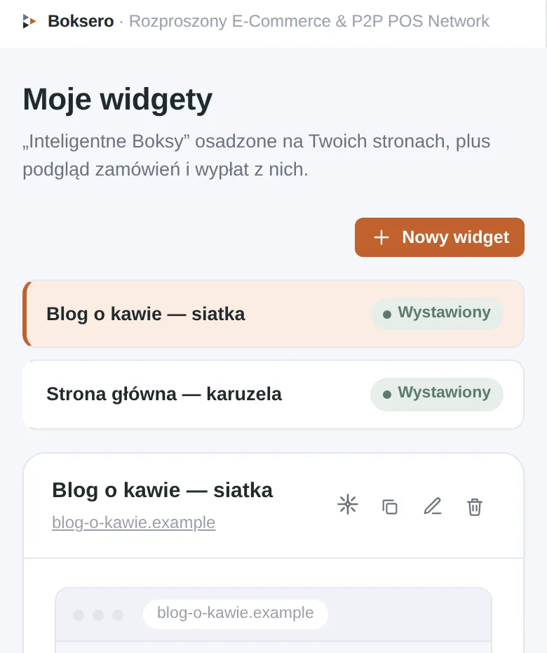Panel "Moje widgety" — lista z wybranymi widgetami