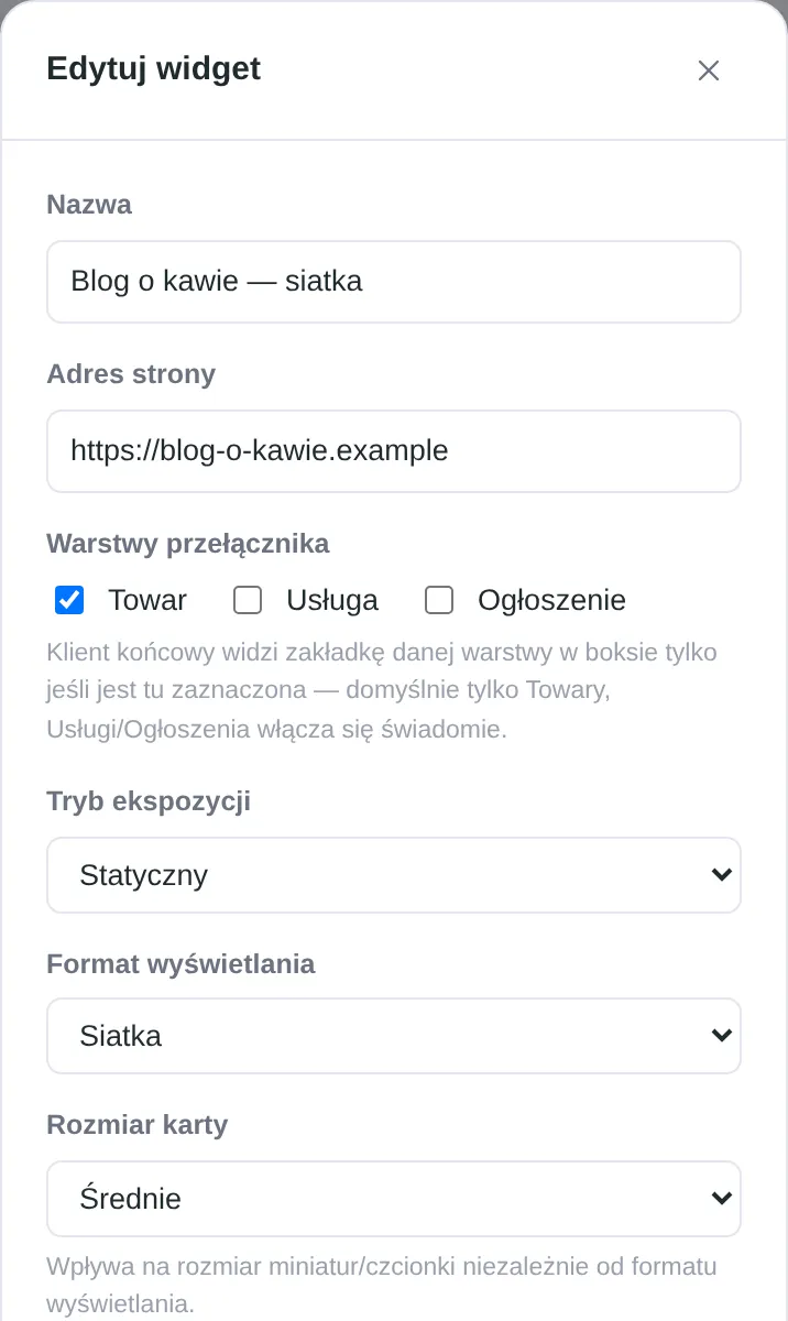 Tworzenie widgetu — nazwa, adres, warstwy i układ