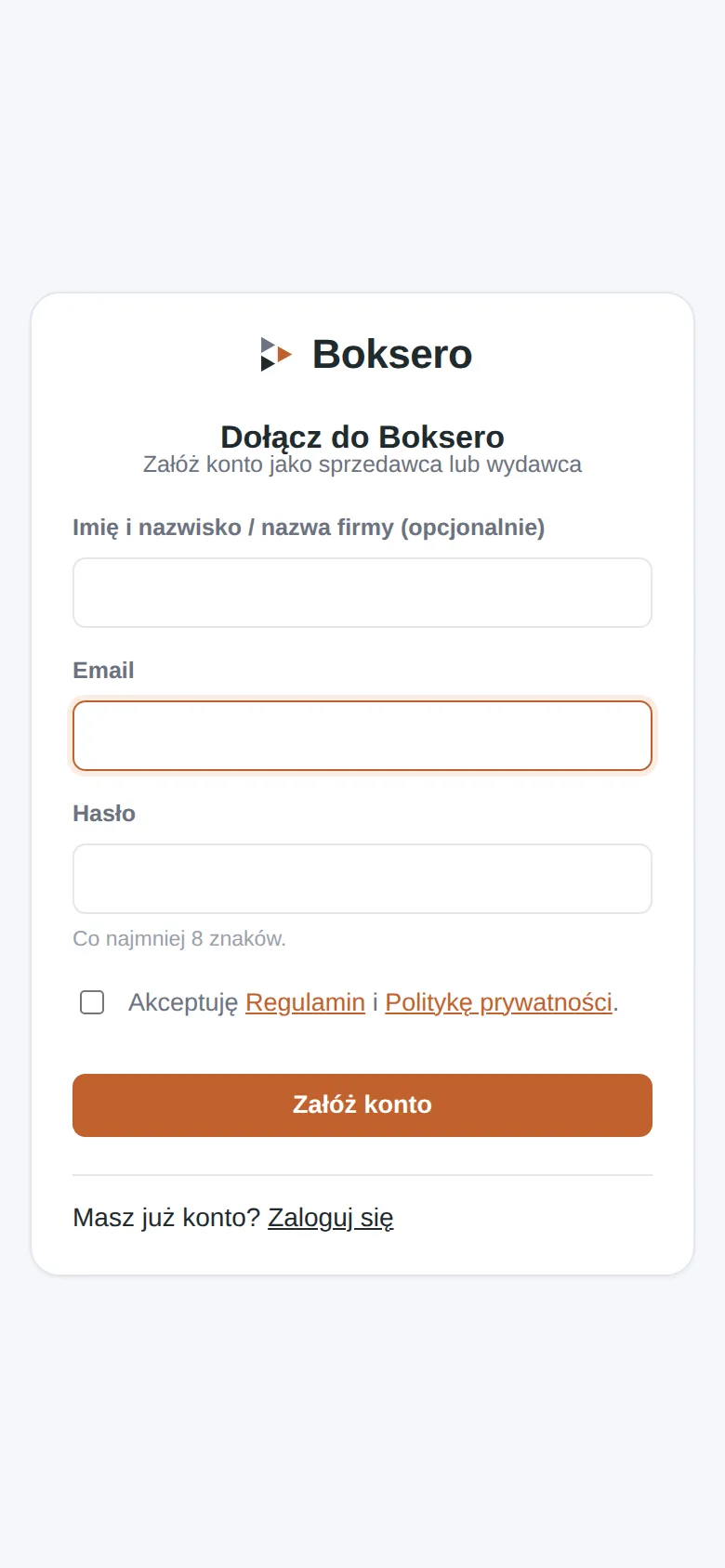 Ekran rejestracji konta w Boksero