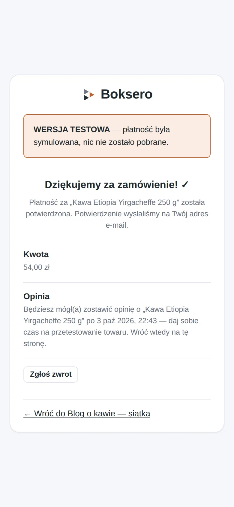 Potwierdzenie zamówienia z banerem "WERSJA TESTOWA"